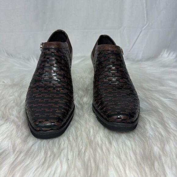 Brighton Turner Women's Heeled Booties Brown/Black Woven Leather  Sz 6.5 - Picture 2 of 6